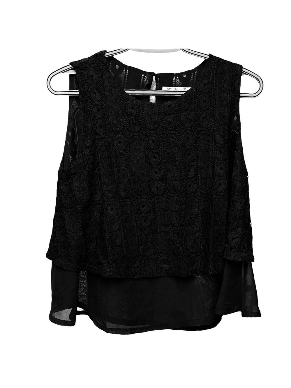 Hui Ying Bo  Black Crochet Lace Top with Chiffon semi Sheer Hem Large